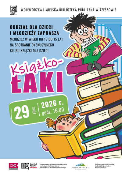 Grafika promująca spotkanie dla dzieci Książkołaki V 2026